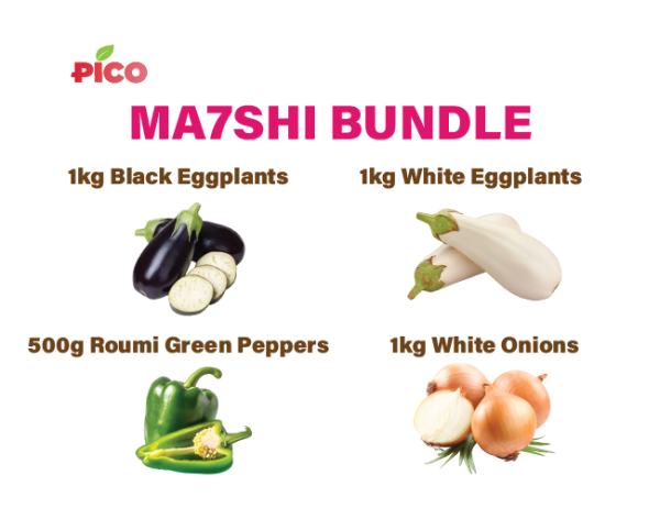 Ma7shi Bundle ( 1kg Black Eggplants + 1kg White Eggplant + 500g Roumi Green Peppers + 1kg White Onions )